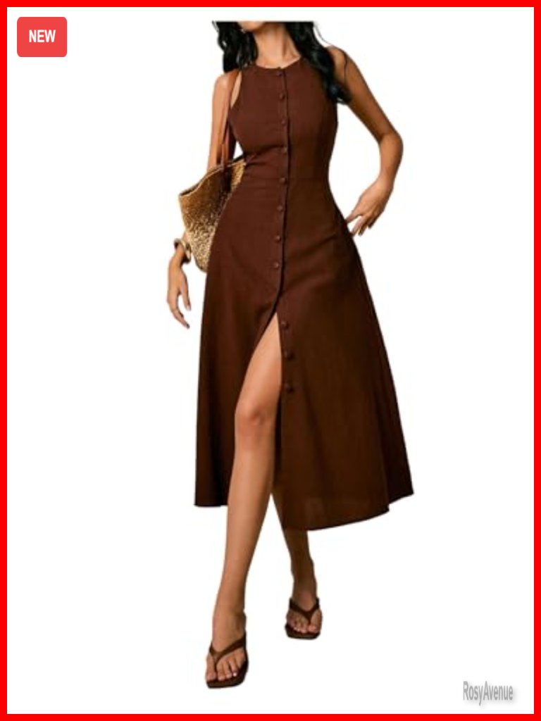 Button Down Sleeveless Midi Dress Tie Back Dressy Tank Dress With Pockets